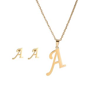 Initial Letter Pendant Necklace with Earring set A-Z 26, 18K Gold Plated on Stainless Steel, Letter Initial Necklaces for Women, 18” Chain Size, Gift Packed