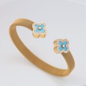 B74：titanium bule flower bangle bracelet , color not fade, waterproof ，Side Opening