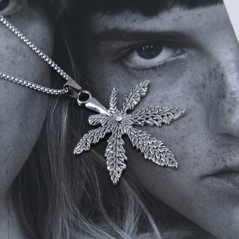 HN011:Hip-Hop Style Necklace, Pure Stainless Steel Hemp Leaf Pendant with 24 inch Chaine Necklace for Women and Men - Image 4
