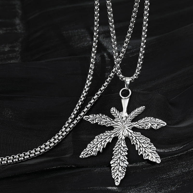 HN011:Hip-Hop Style Necklace, Pure Stainless Steel Hemp Leaf Pendant with 24 inch Chaine Necklace for Women and Men - Image 5