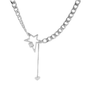 N001:Stainless Steel Classic Star Chunk Cuban Chain Necklace For Women, Du