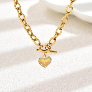 N003:Stainless Steel Titanium Heart Lock Necklace For Women And Men, Color Not Fade, Waterproof