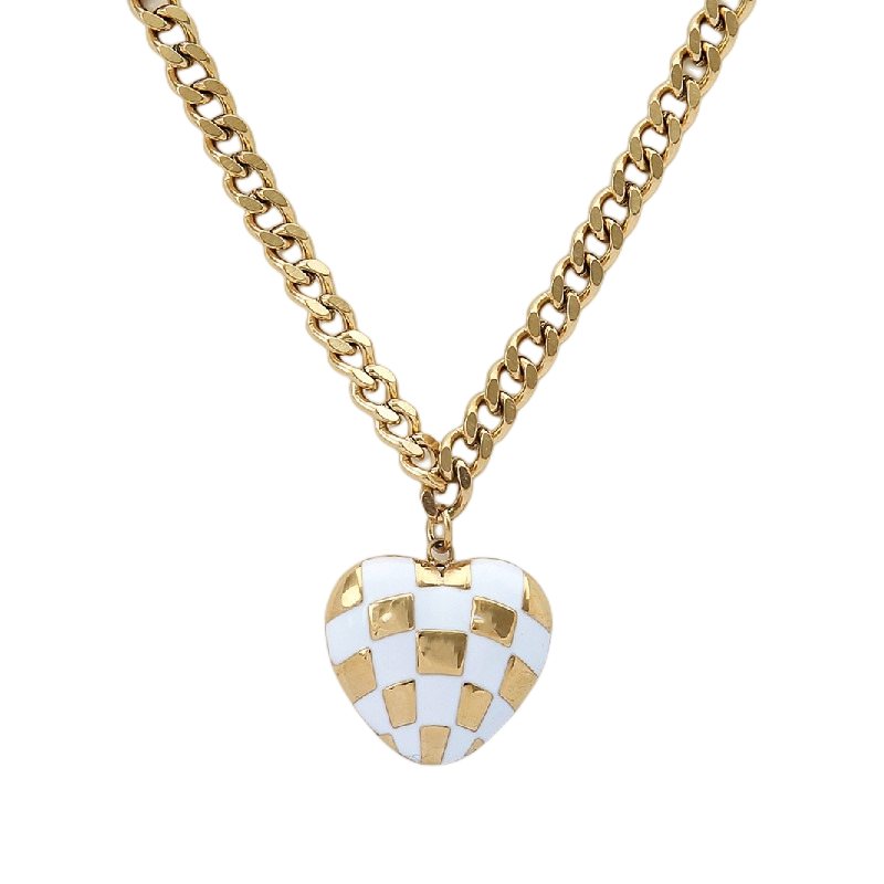 N004:Stainless Steel Titanium Checkerboard Heart Necklace For Women And Men, Color Not Fade, Waterproof - Image 2