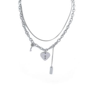 N008:Love Lock Double Stainless Steel Necklace Heart Key Pendant Punk Cuban Chain Personalized Woman Jewelry For Women And Men, Color Not Fade, Waterproof