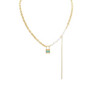 N017:Stainless Steel Lock Pendant, Pearl Necklace For Women And Men, Color Not Fade, Waterproof