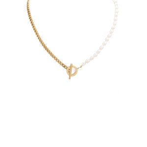 N018:Stainless Steel Lock And Pearl Pendant Necklace For Women And Men, Color Not Fade, Waterproof