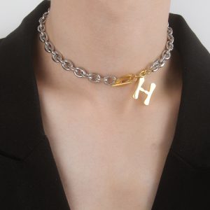 N042:Stainless Steel Titanium H Style Chuck Choker Necklace For Women And Men, Color Not Fade, Waterproof