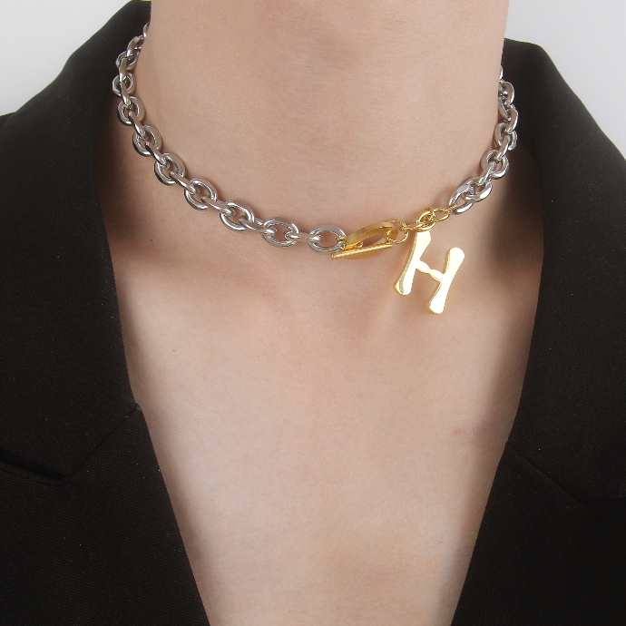 N042:Stainless Steel Titanium H Style Chuck Choker Necklace For Women And Men, Color Not Fade, Waterproof