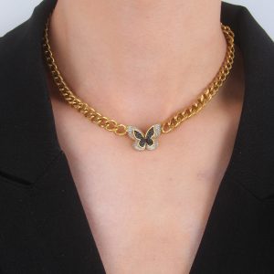 N048:Stainless Steel Titanium Chuck Butterfly Choker Necklace For Women And Men, Color Not Fade, Waterproof