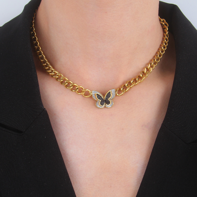 N048:Stainless Steel Titanium Chuck Butterfly Choker Necklace For Women And Men, Color Not Fade, Waterproof