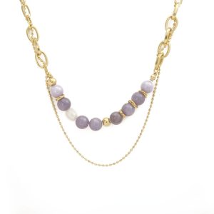 N065:Stainless Steel Titanium Double Layer Nice Purple Stone Collar Necklace For Women And Men, Color Not Fade, Waterproof